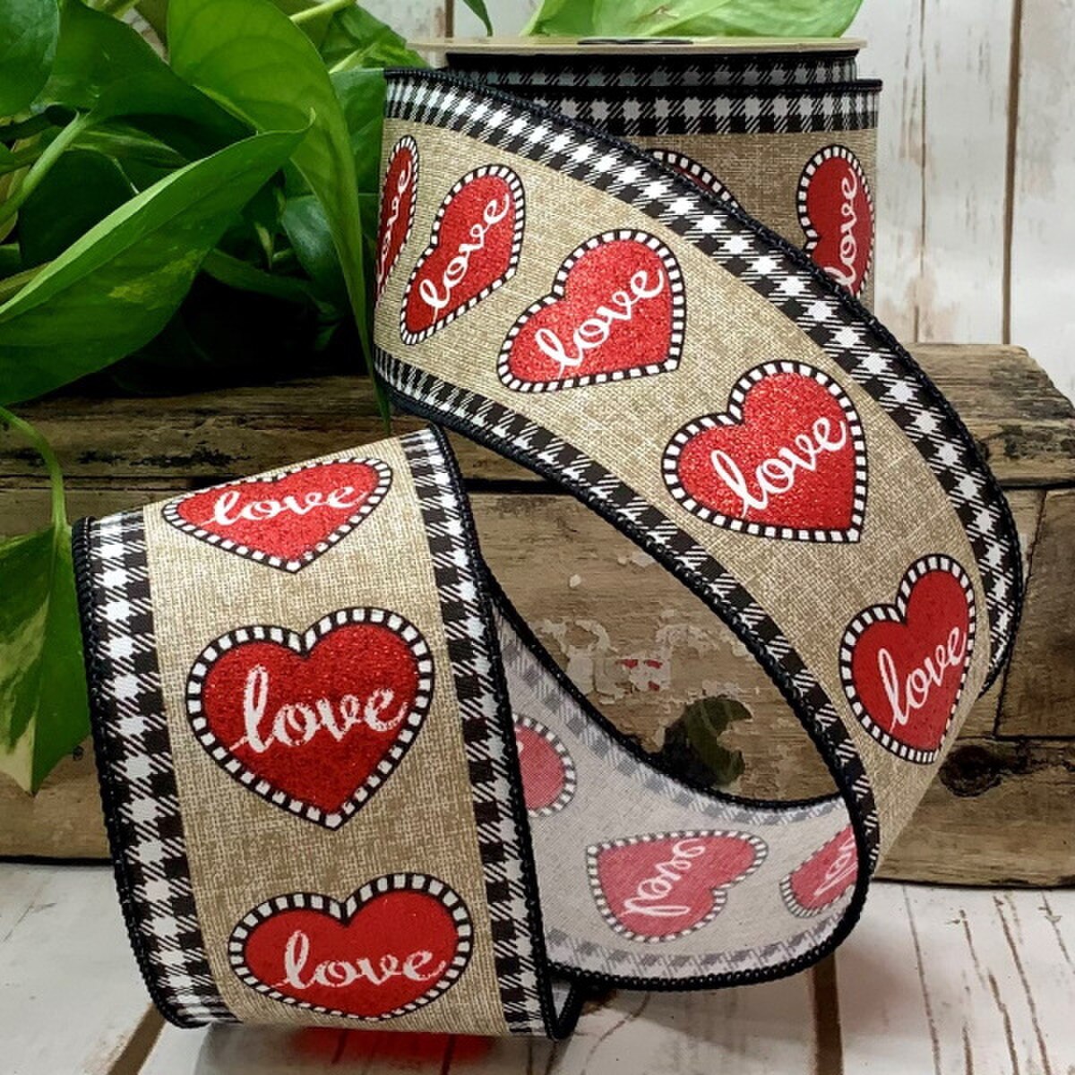 Red Glitter Love Heart Natural Linen Ribbon 2.5" x 10 Yds