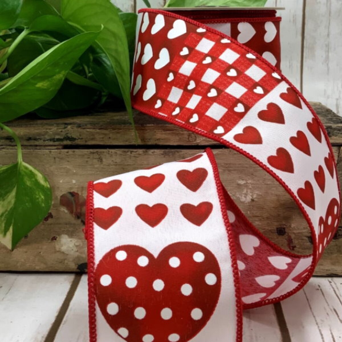 Linen Heart Patchwork Red Ribbon 2.5 Inch x 10 Yards