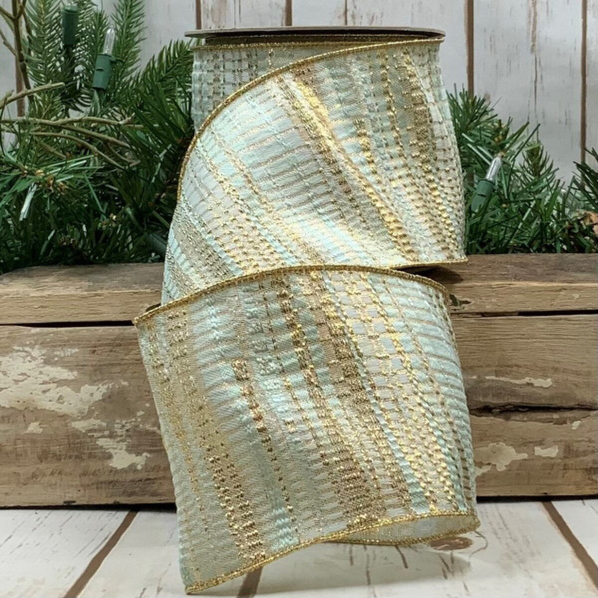 Gold Celadon Jacquard Abstract Ribbon 4 Inch x 10 Yards