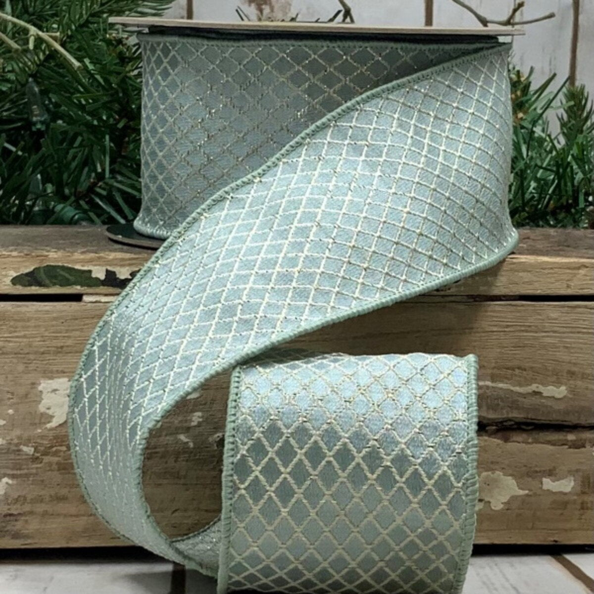 Celadon Jacquard Harlequin Trellis Ribbon 2.5" X 10 Yds