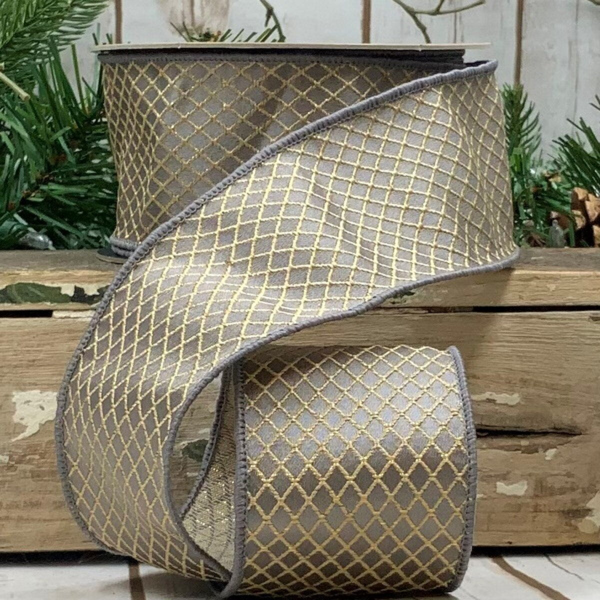 Grey Jacquard Harlequin Trellis Ribbon 2.5" X 10 Yds