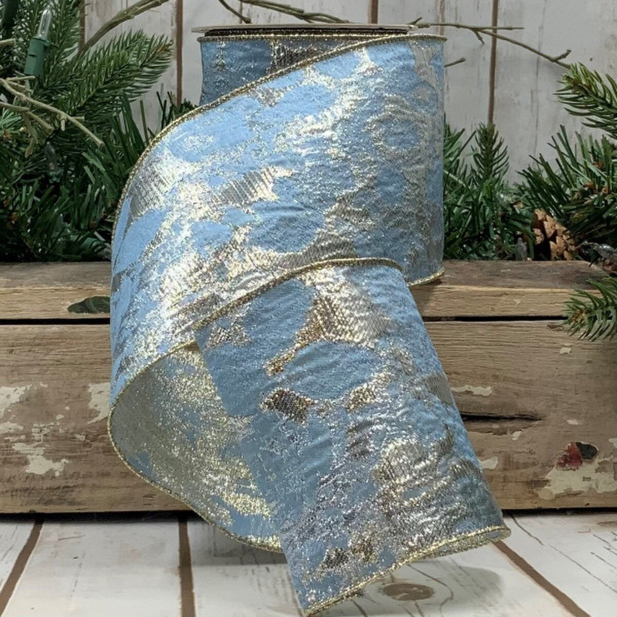 Light Blue Jacquard Gold Metallic Ribbon 4" x 10 Yds
