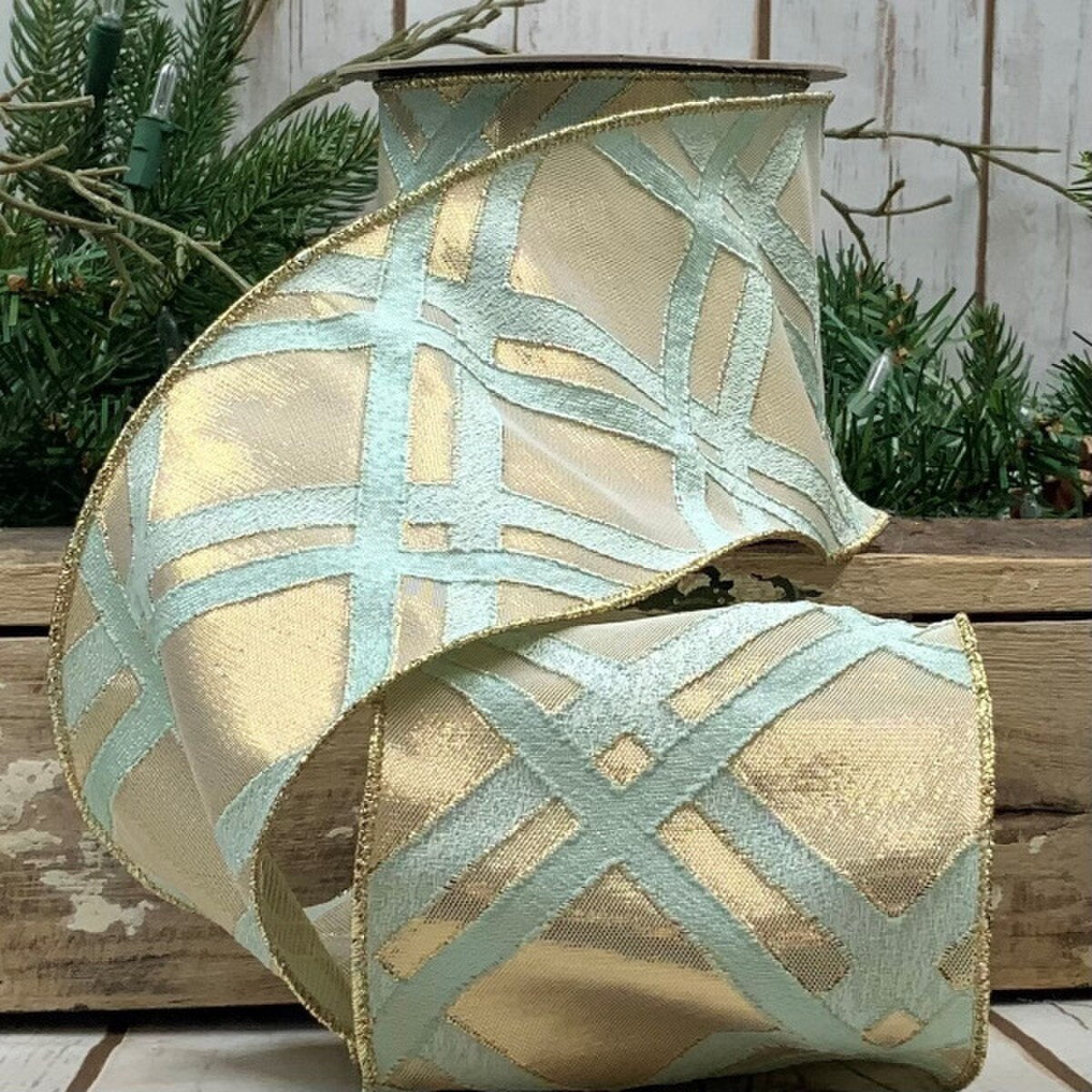 Celadon Jacquard Metallic Lattice Ribbon 4 Inch x 10 Yds