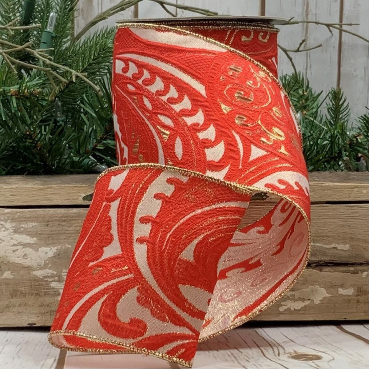 Red Jacquard Metallic Filigree Ribbon 4 Inch x 10 Yards