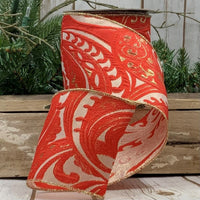 Red Jacquard Metallic Filigree Ribbon 4 Inch x 10 Yards