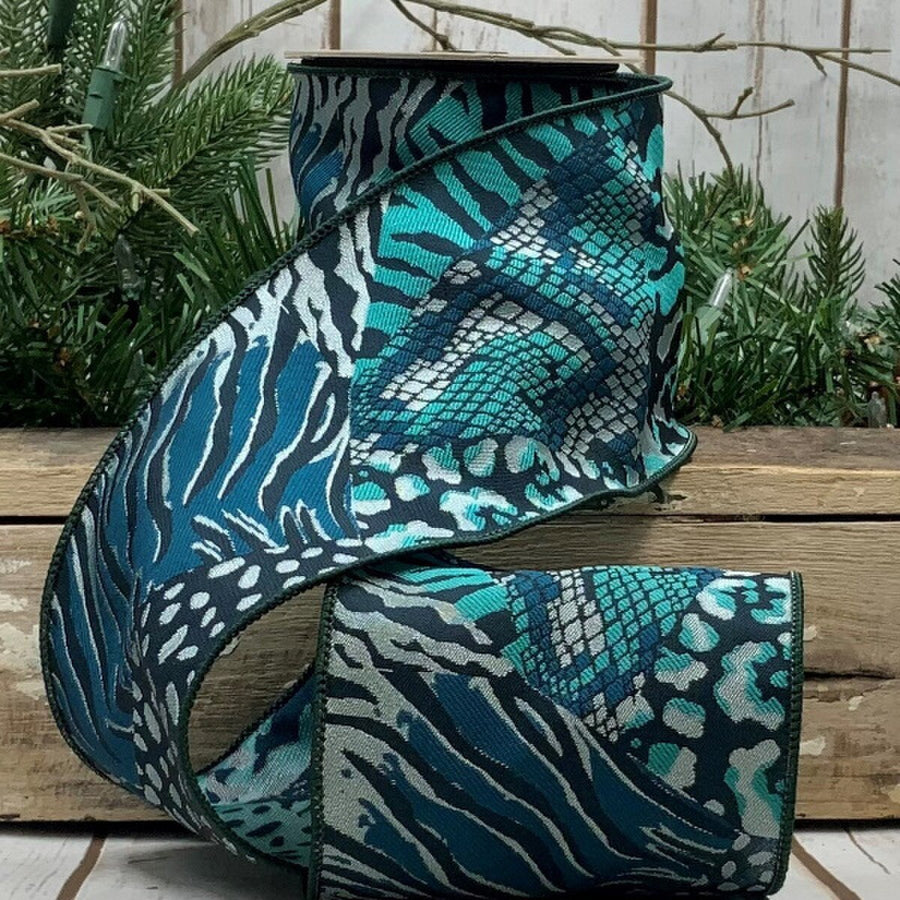 Teal Jacquard Animal Print Ribbon 4" x 10 Yds