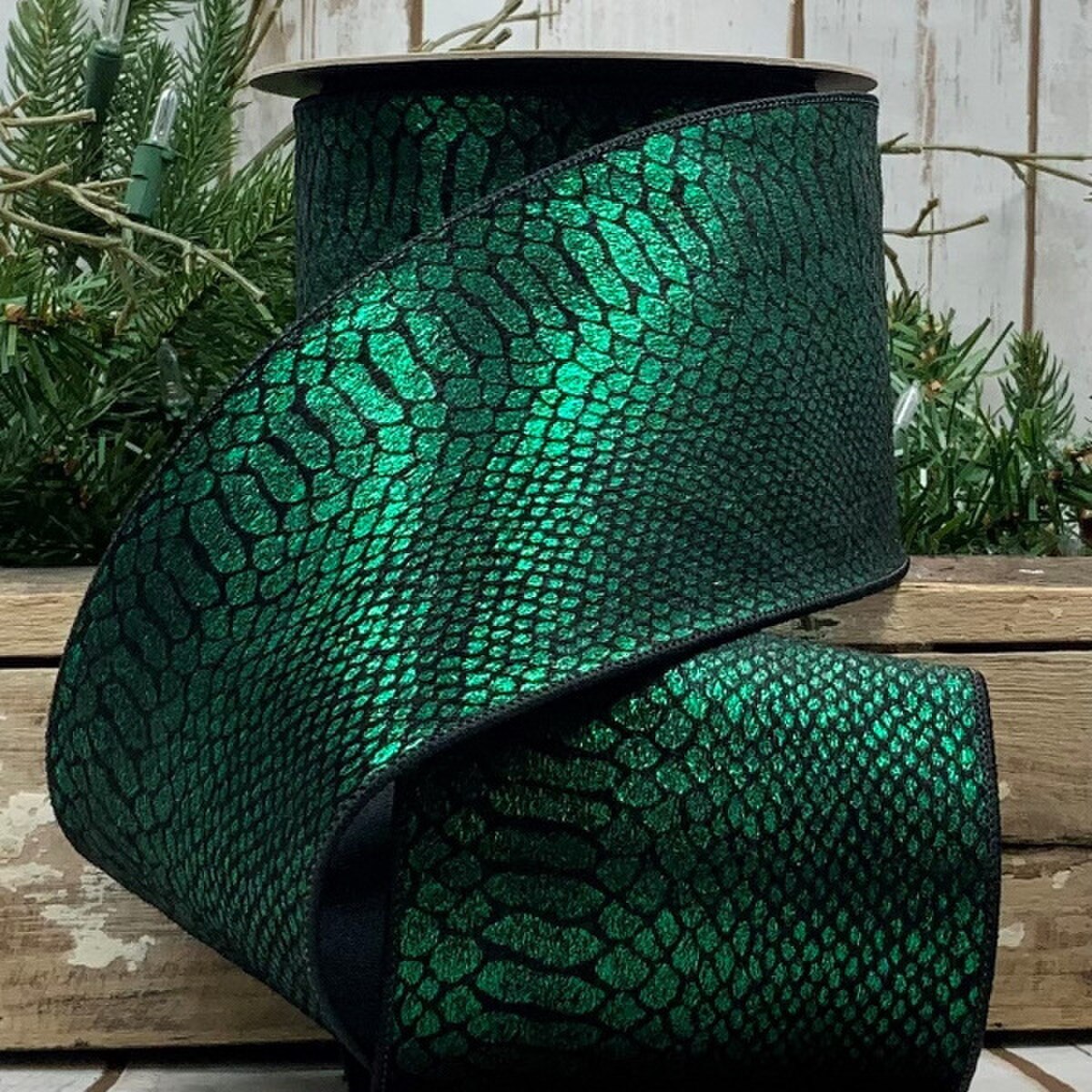 Emerald Metallic Snake Skin Ribbon 4 Inch x 10 Yards