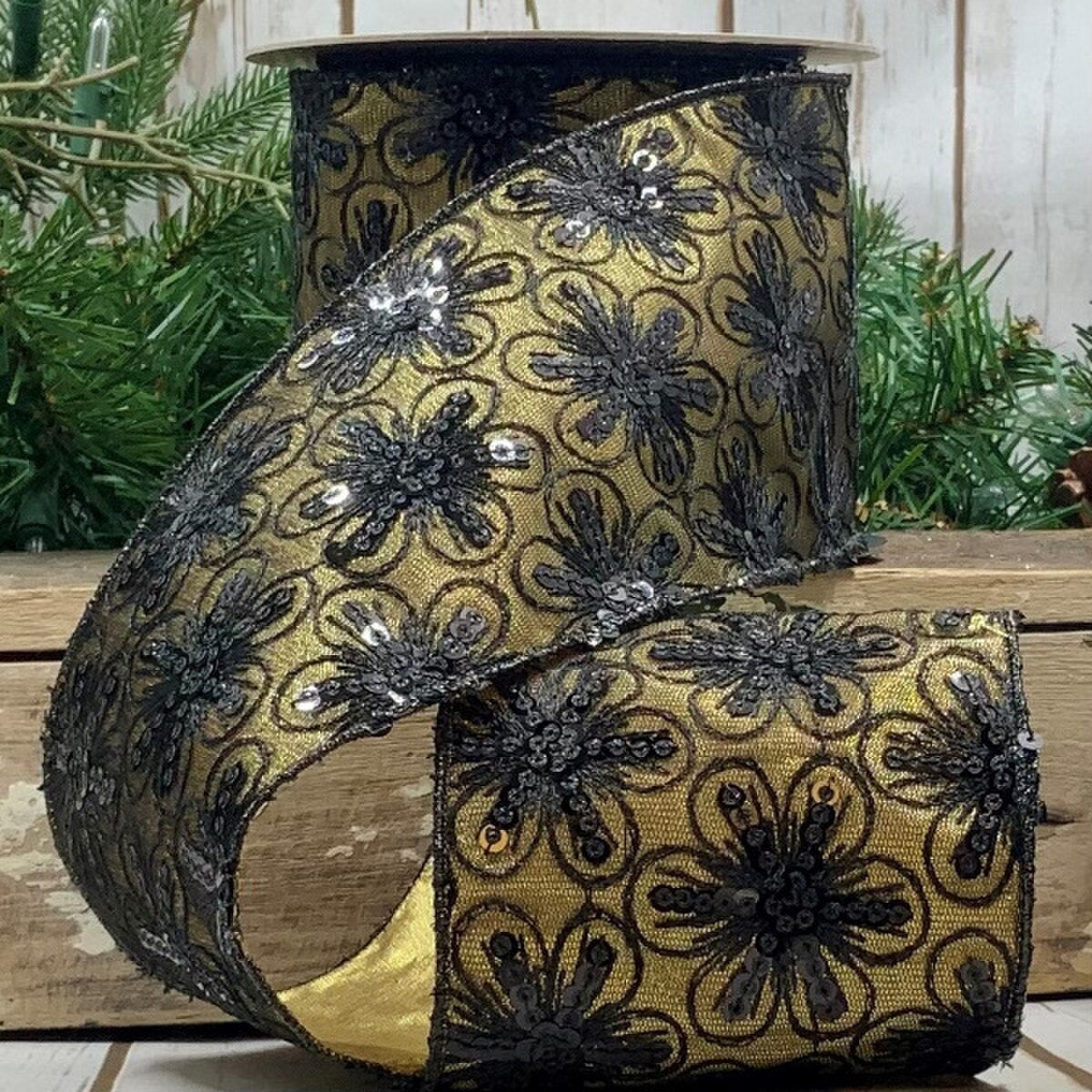 Metallic Dupion Ribbon with Gold Black Sequin Flower 4" x 10 Yds