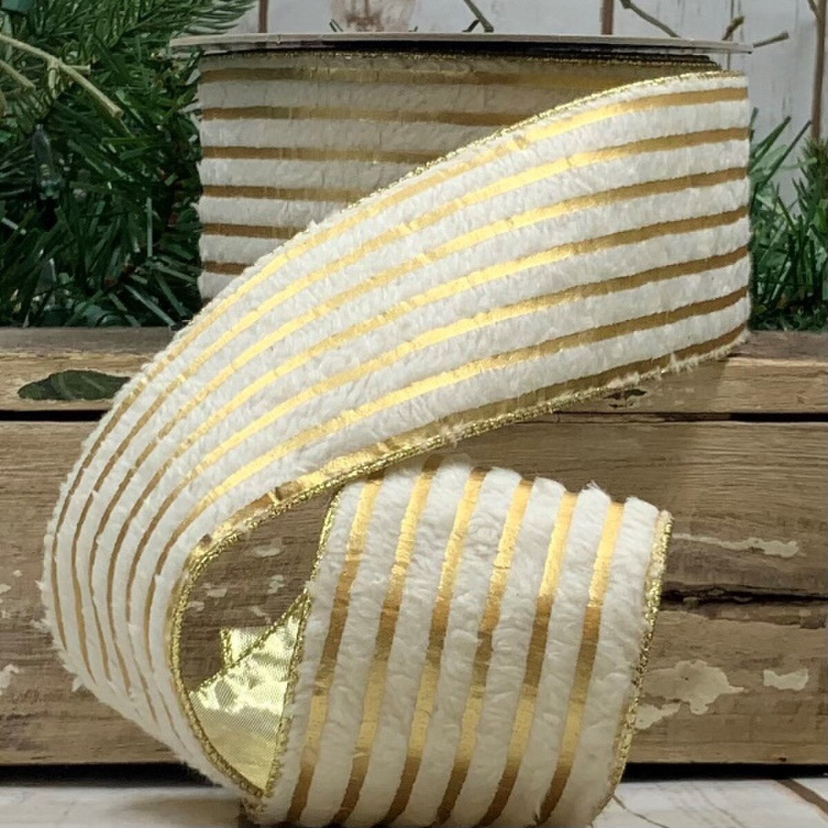 Faux Fur Ivory Ribbon with Metallic Gold Stripe 2.5" x 10 Yds