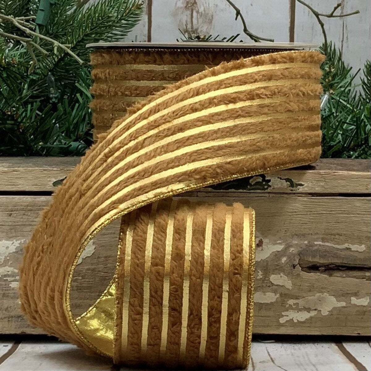 Coffee Ribbon Faux Fur Metallic Gold Stripe 2.5" x 10 Yds