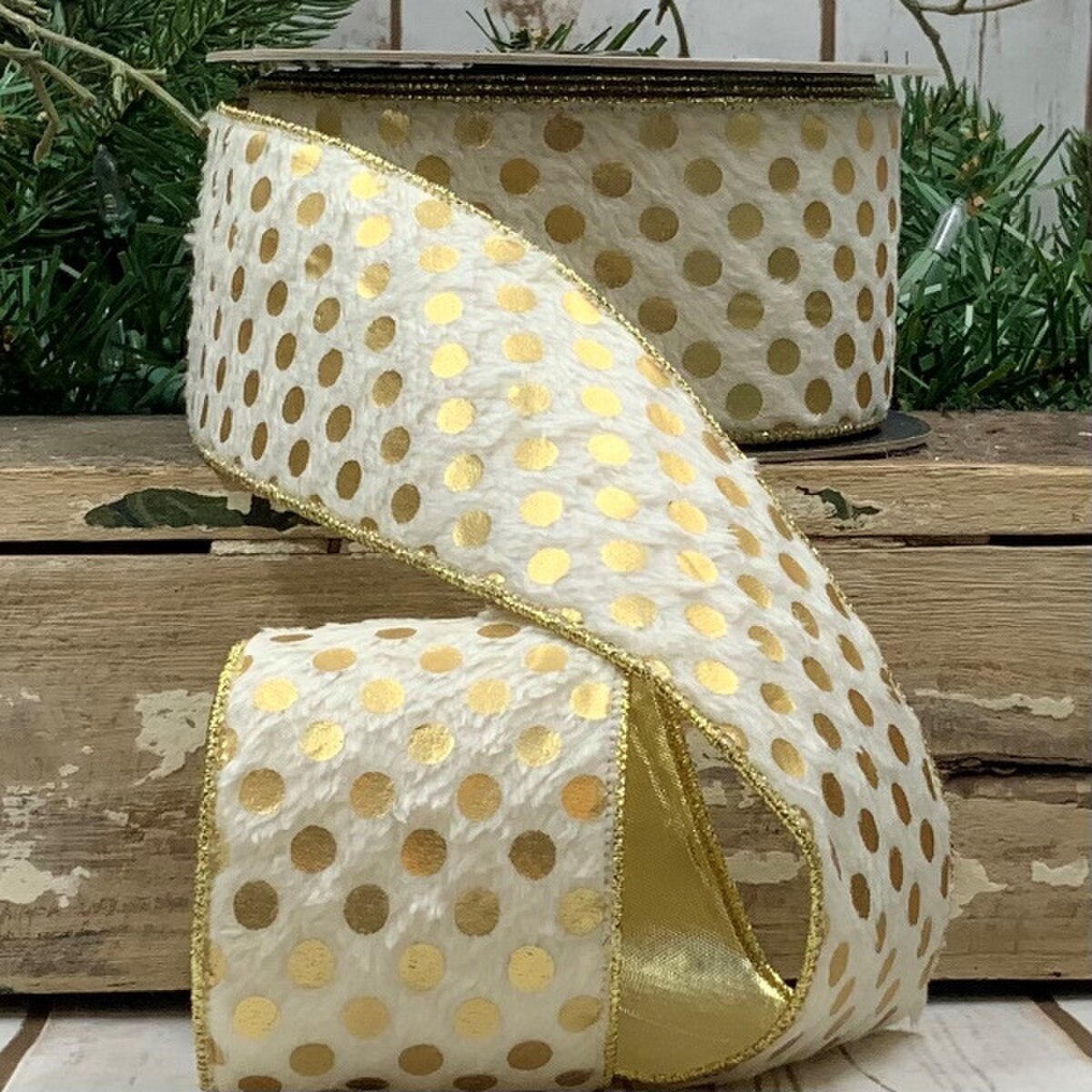 Faux Fur Ribbon with Metallic Gold Polka Dots, 2.5" x 10 Yds