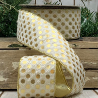 Faux Fur Ribbon with Metallic Gold Polka Dots, 2.5