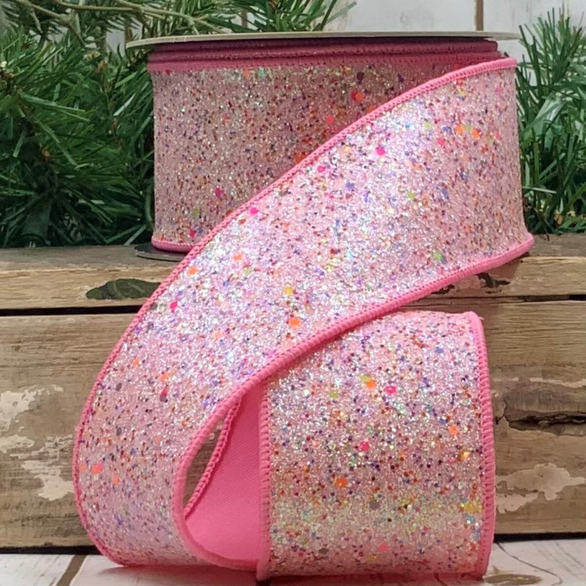 Pink Glitter Confetti Ribbon 2.5 Inch x 10 Yards