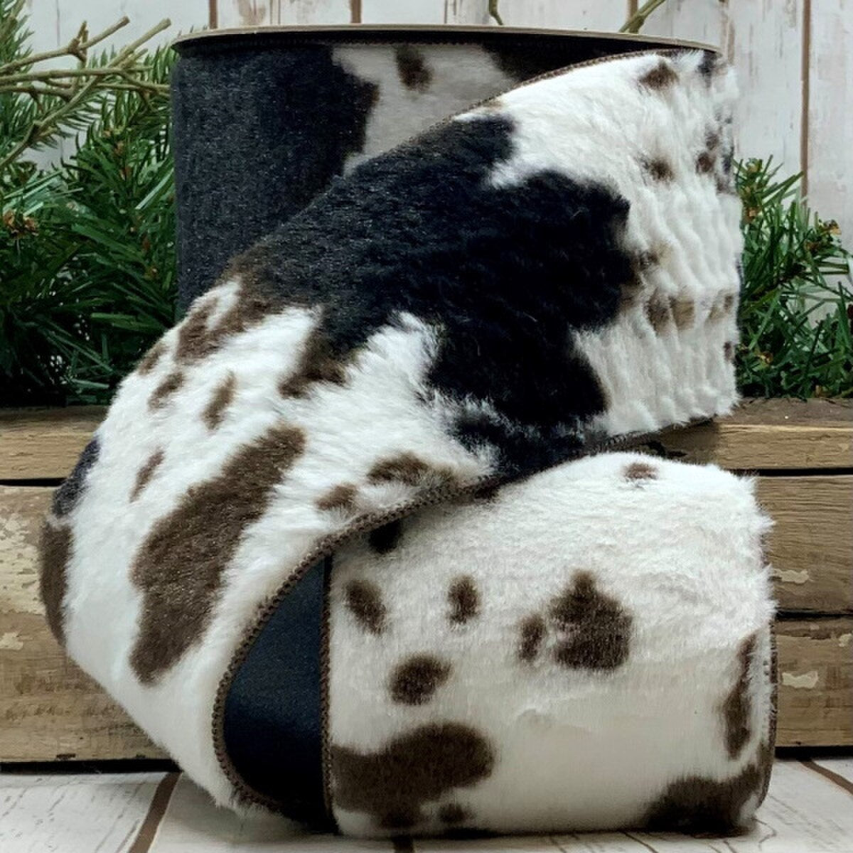 Brown White Ribbon Plush Cow Fur 4" x 10 Yds