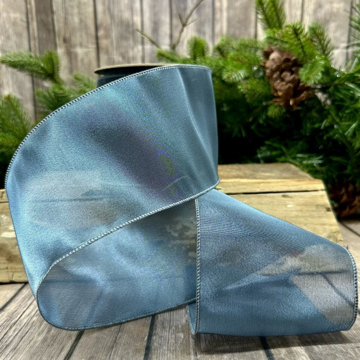 Blue Gray Metallic Tissue Silk Ribbon 4 Inch x 10 Yards