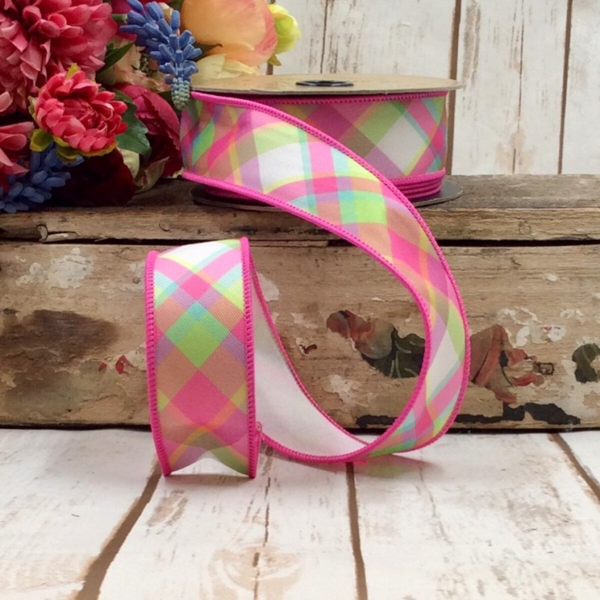 Plaid Diagonal Ribbon Pink Green White 1.5 Inch 10 Yards