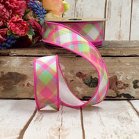 Plaid Diagonal Ribbon Pink Green White 1.5 Inch 10 Yards