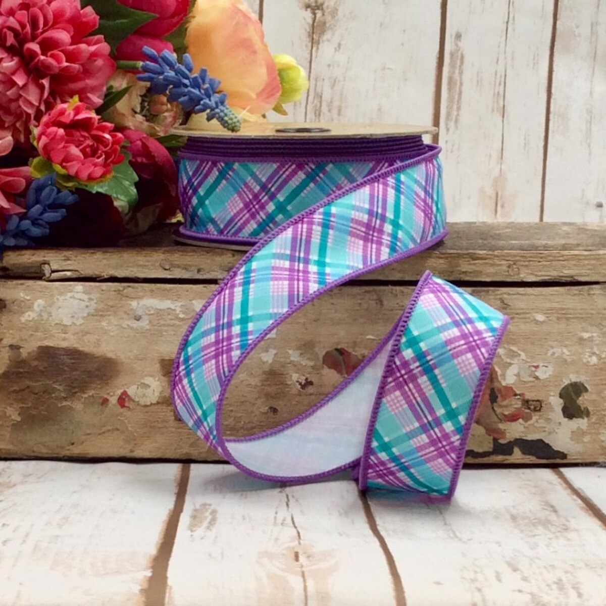 Plaid Diagonal Ribbon Purple Teal 1.5 In x 10 Yds