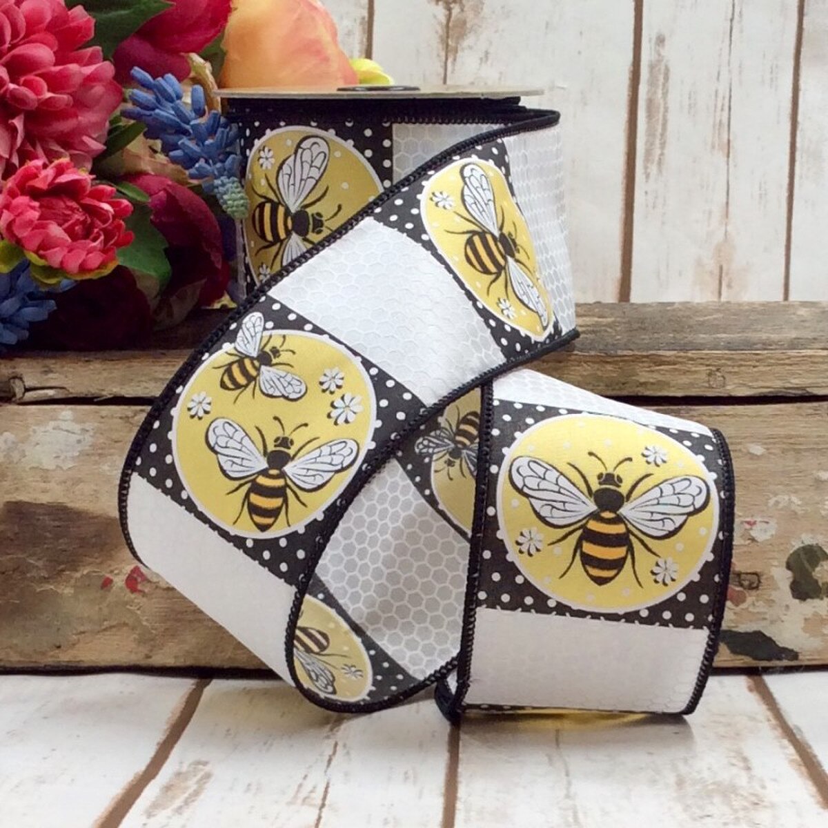 Honeycomb Ribbon Black Yellow White 2.5 Inch 10 Yards