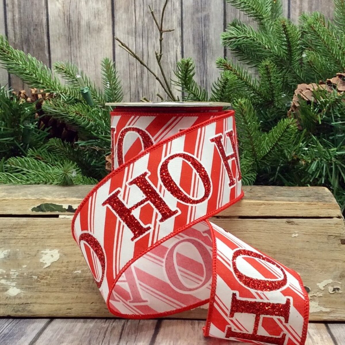 Red White Satin Glitter Ho Ho Ho Stripe Ribbon 2.5" x 10 Yds