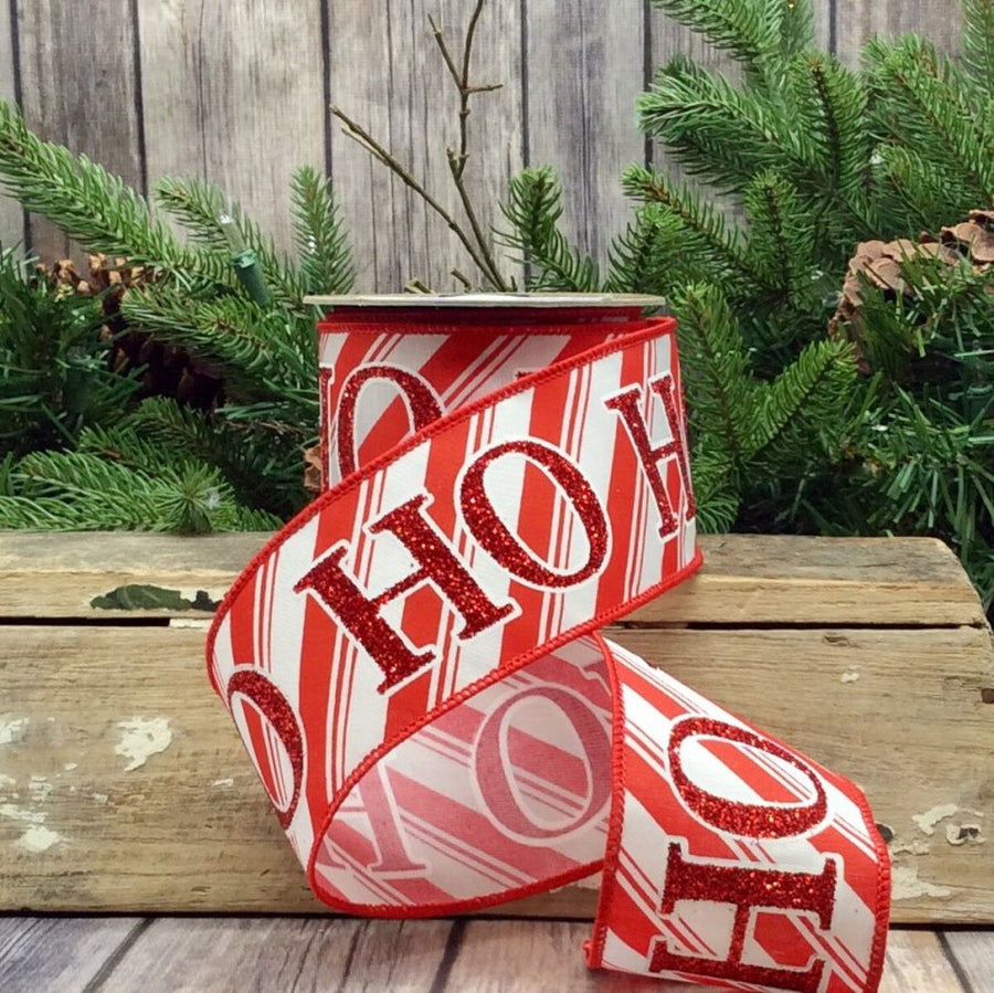 Red White Satin Glitter Ho Ho Ho Stripe Ribbon 2.5" x 10 Yds