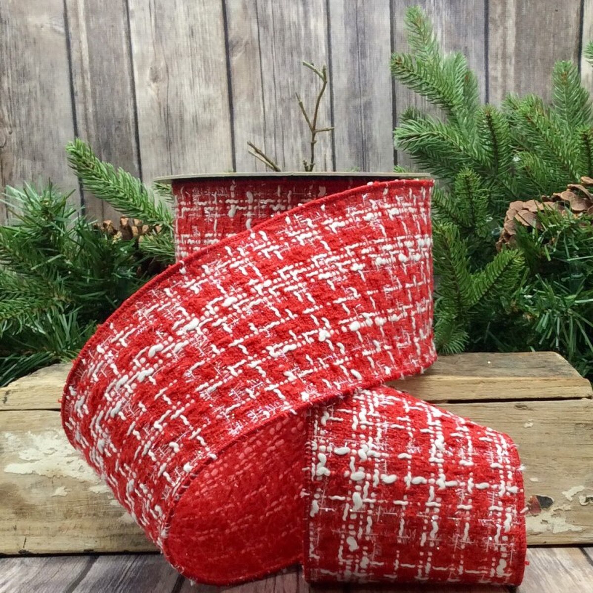 Red White Boucle Tinsel Ribbon 4 Inch x 10 Yards