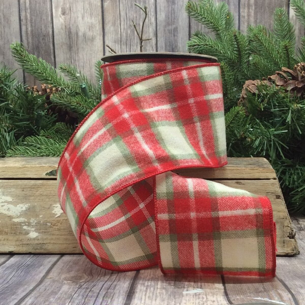 Flannel Plaid Ribbon Red Green Cream 4 Inch x 10 Yards
