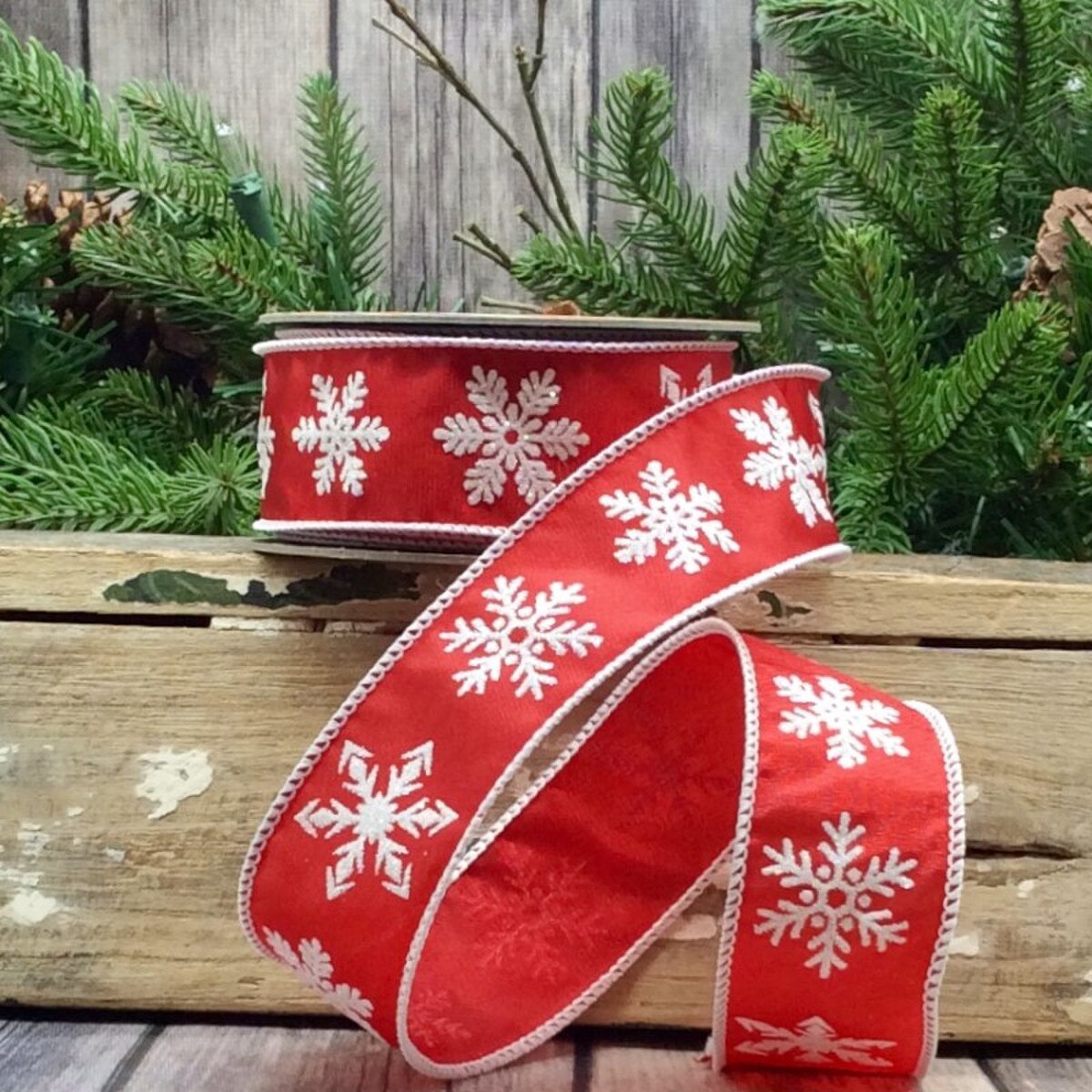 Glitter Snowflake Red Ribbon Satin White Frost 1.5" x 10 Yds