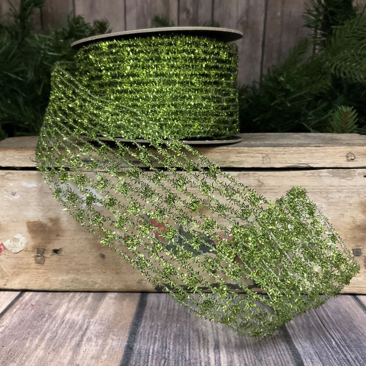 Apple Green Metallic Diamond Stretch Tinsel Ribbon 2.5" x 10 Yds