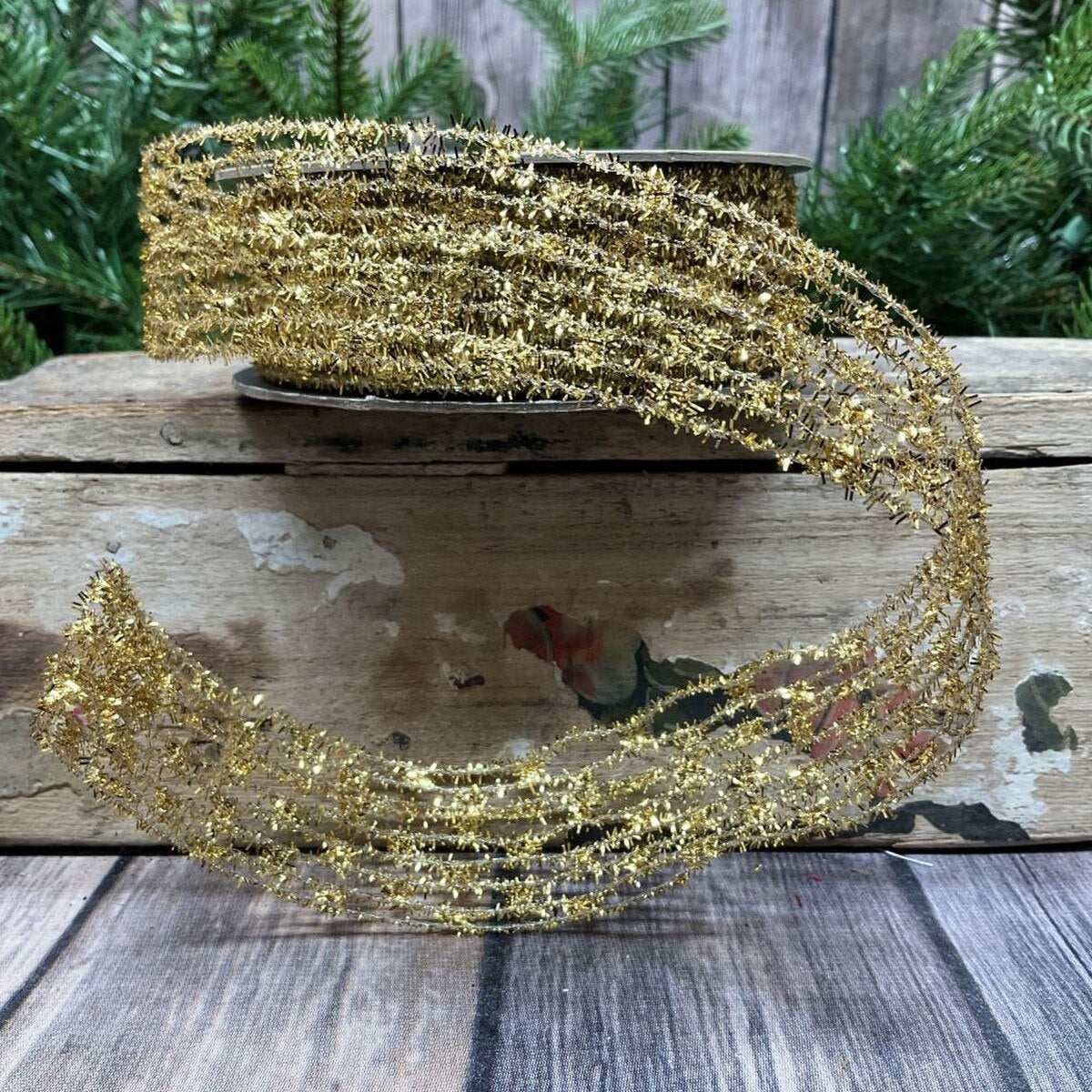 Gold Metallic Diamond Stretch Tinsel Ribbon 1.5 In x 10 Yds