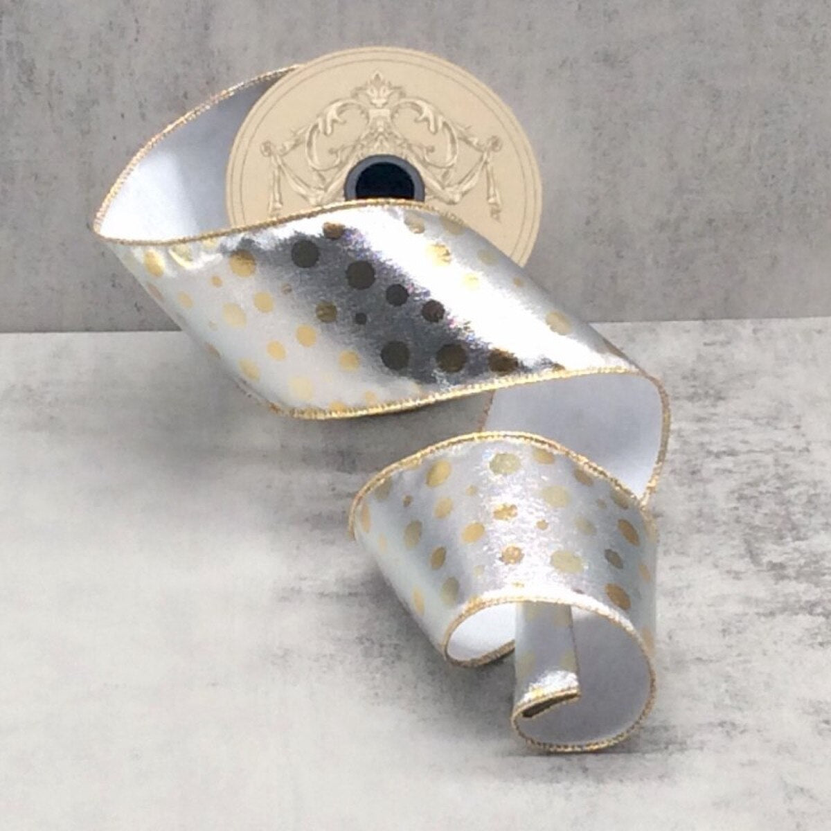 Gold Polka Dots Metallic Foil Ribbon 2.5 Inch x 10 Yds