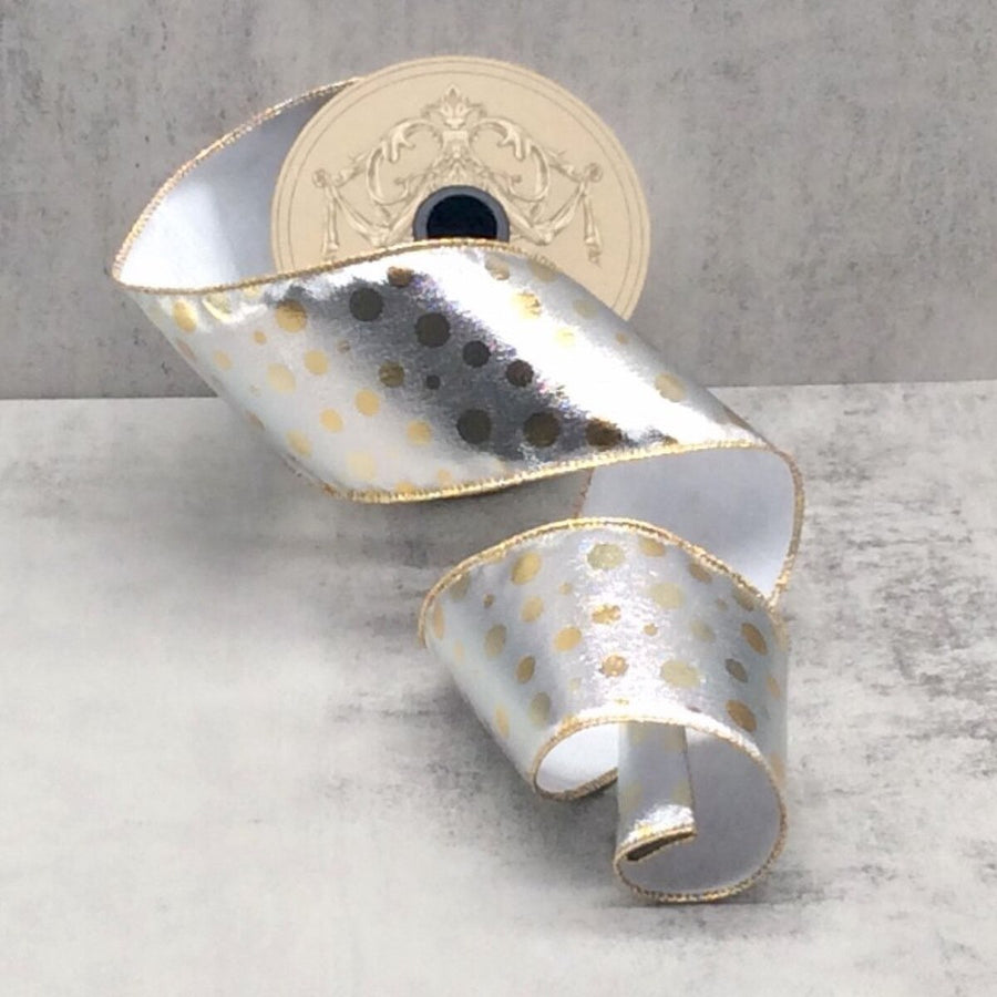 Gold Polka Dots Metallic Foil Ribbon 2.5 Inch x 10 Yds