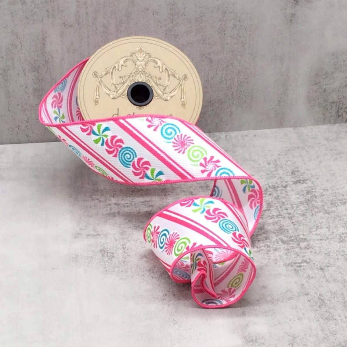 Peppermint Disc Satin Ribbon Pink Blue White 2.5" x 10 Yds
