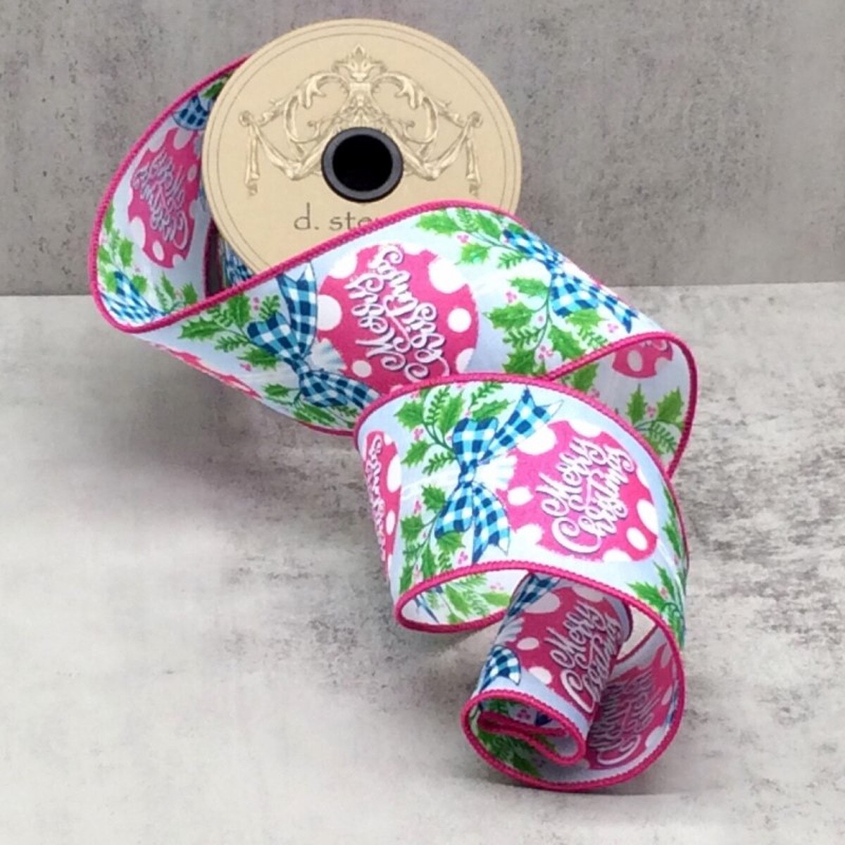 Polka Dot Linen Ornament with Pink Blue Ribbon 2.5" x 10 Yds