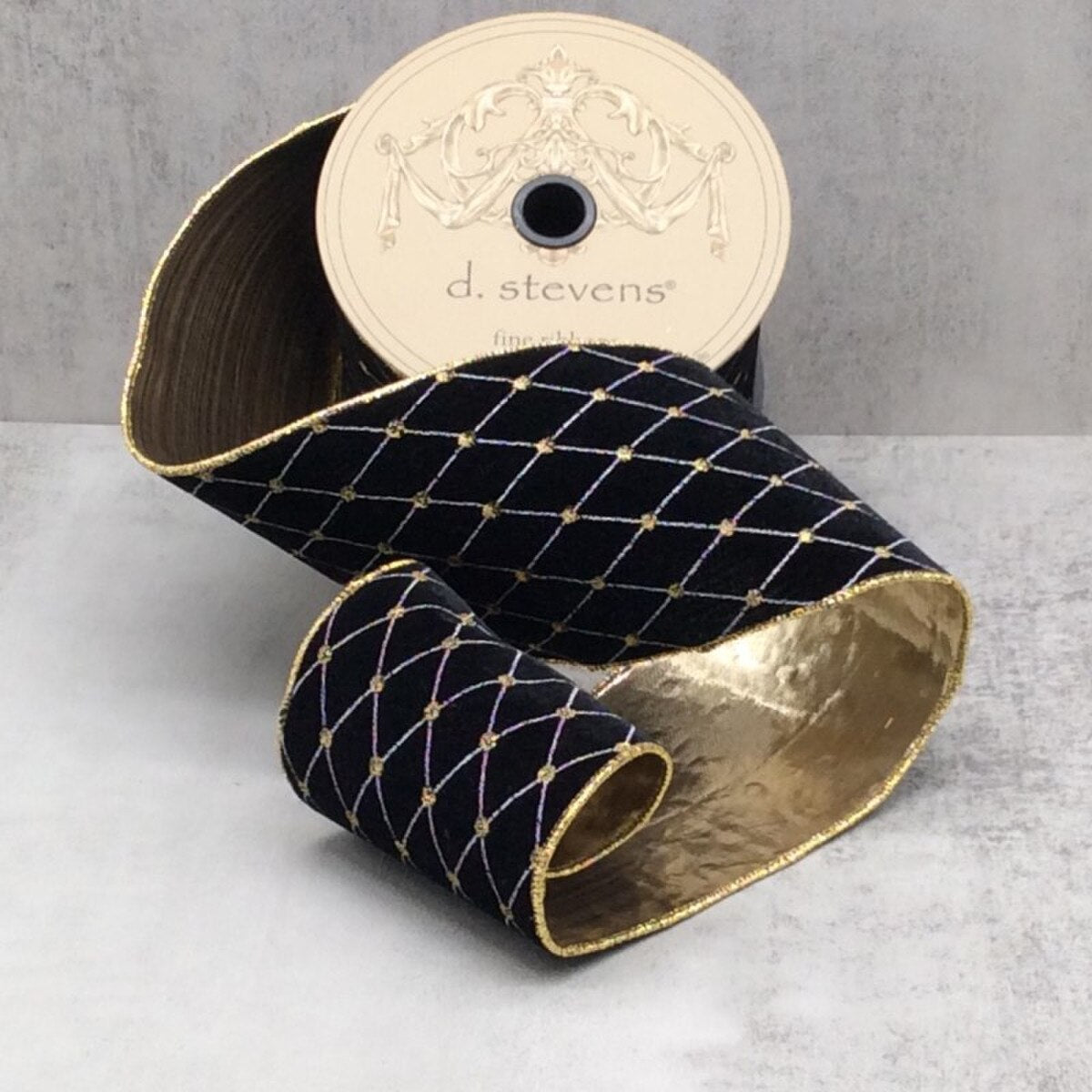 Black Velvet Diamond Embroidery Pattern Ribbon 4 Inch x 10 Yds