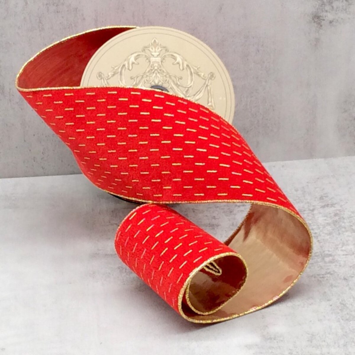 Red Velvet Gold Modern Lines Ribbon 4 Inch x 10 Yards
