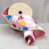 Sequin Floral Pink Ribbon in Metallic Blue Pink Orange 4