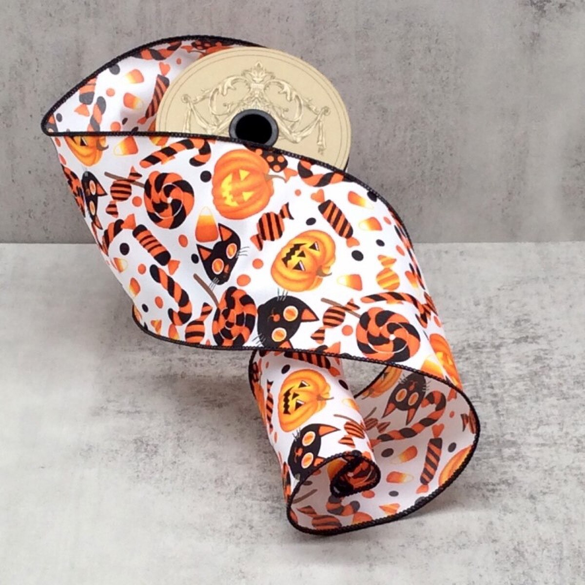 Halloween Candy Jack O Lantern Linen Ribbon Orange Black White