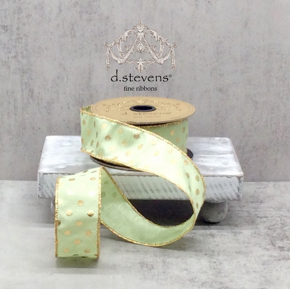 Sea Grass Green Ribbon Faux Dupion Gold Metallic Polka Dot