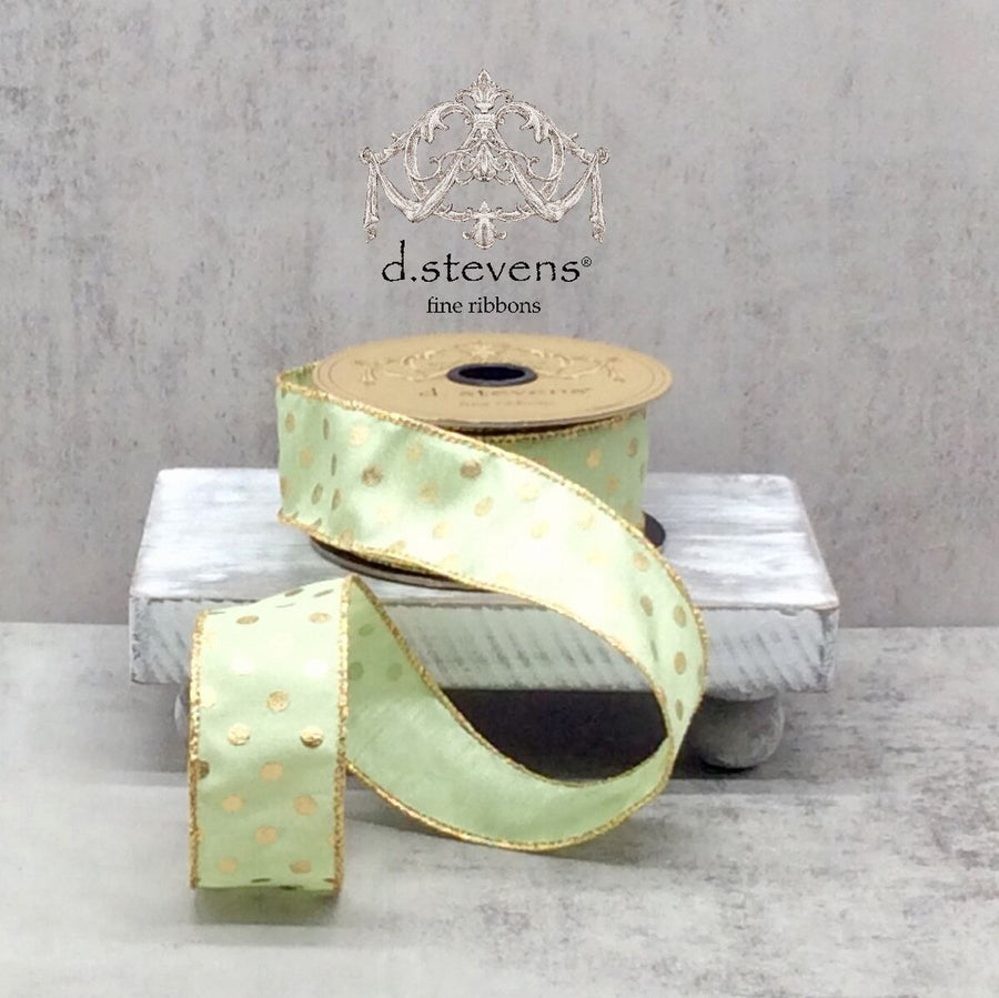 Sea Grass Green Ribbon Faux Dupion Gold Metallic Polka Dot
