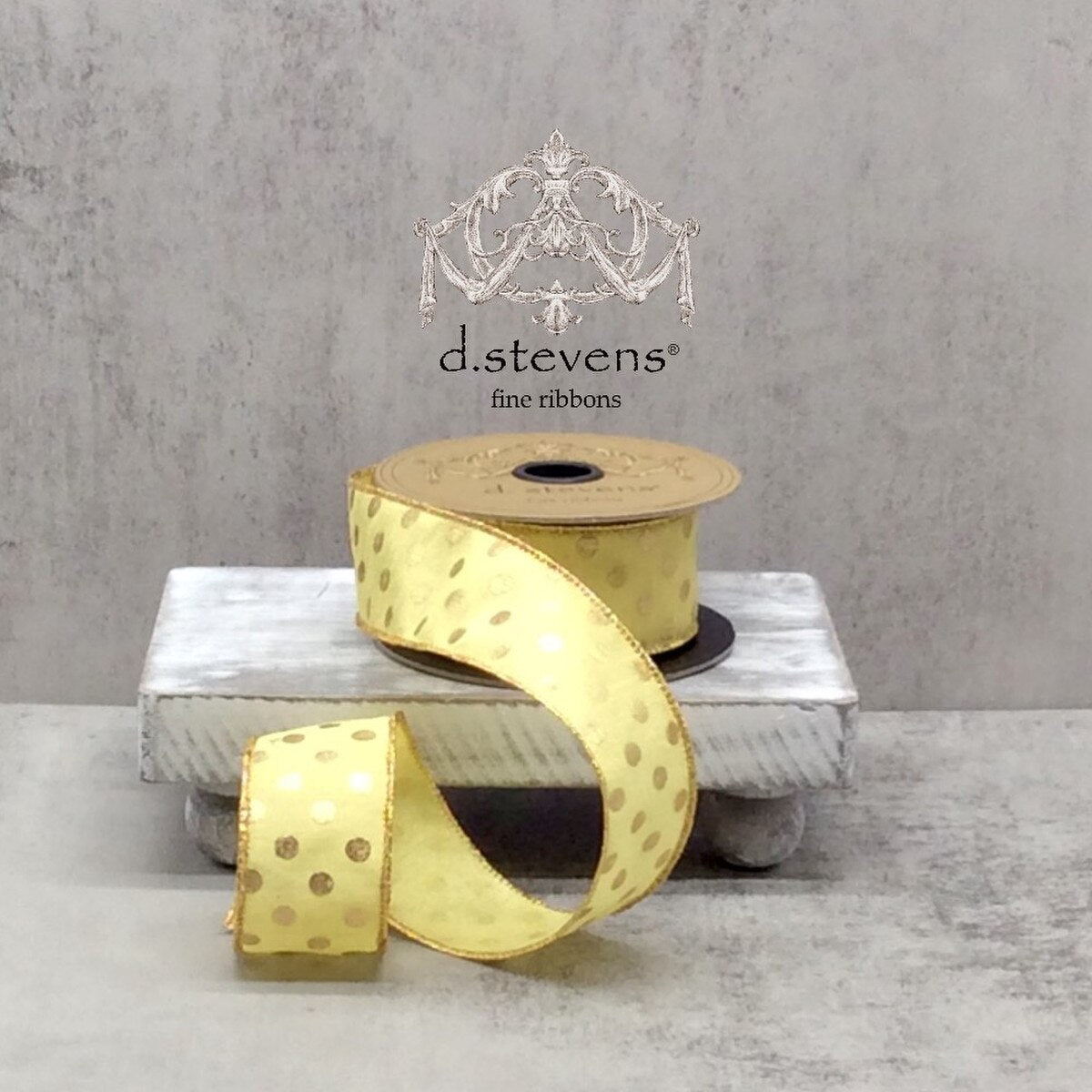 Light Yellow Faux Dupion Gold Metallic Polka Dot Ribbon
