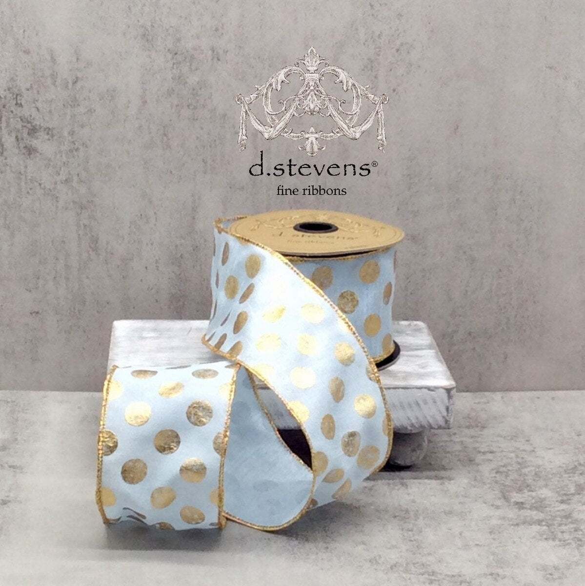 Light Blue Faux Dupion Ribbon with Gold Metallic Polka Dots