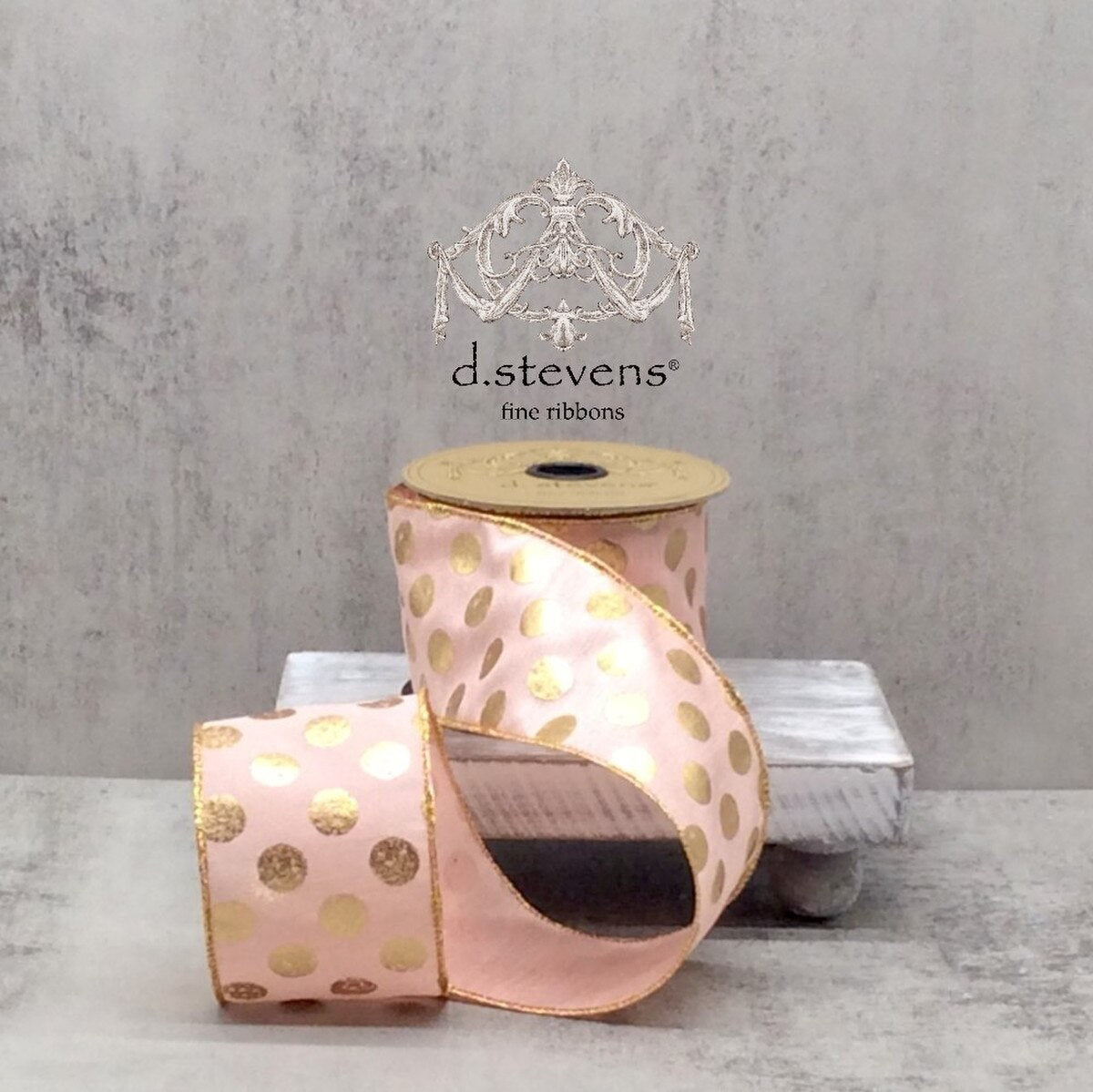Light Peach Faux Dupion Ribbon with Gold Polka Dots 2.5" x 10 Yds