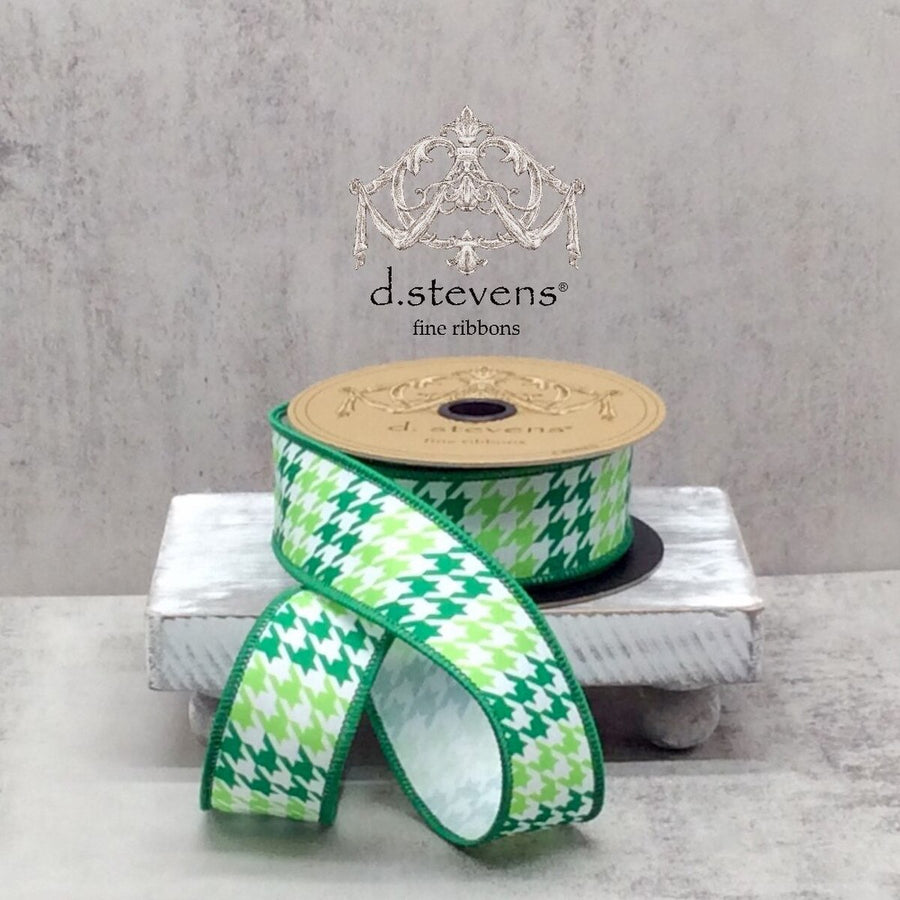 Houndstooth White Ribbon in Linen Shades of Green 1.5" x 10 Yds