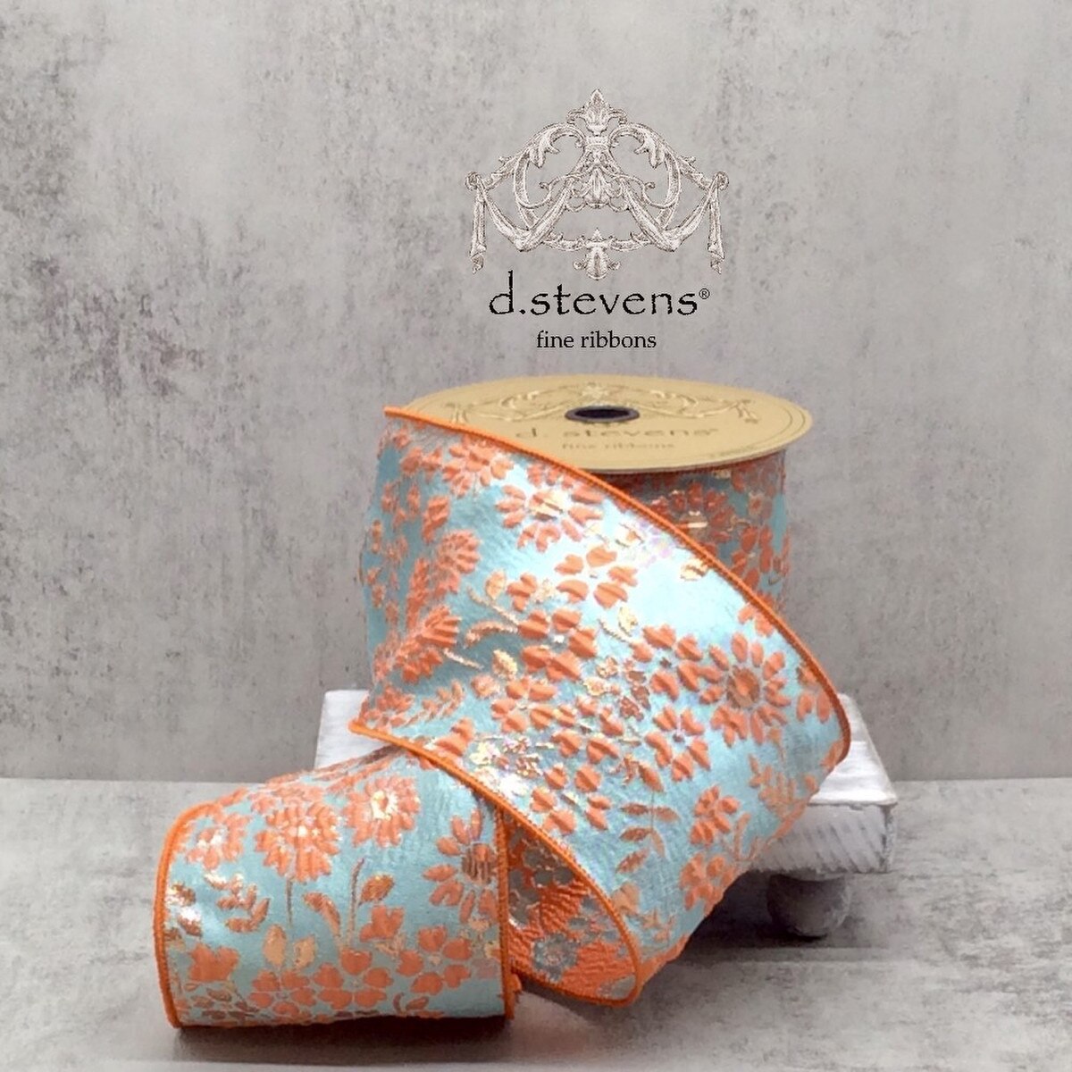 Jacquard Ribbon Ice Blue Dark Peach 4 Inch x 10 Yards