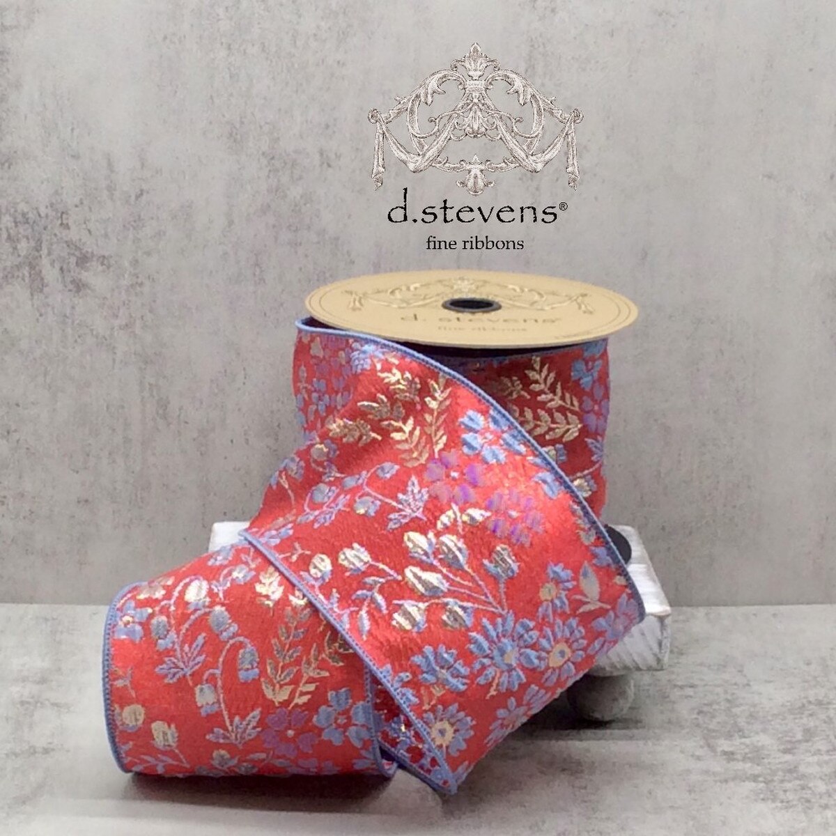 Jacquard Ribbon Red Dusty Blue Metallic Floral 4" x 10 Yds