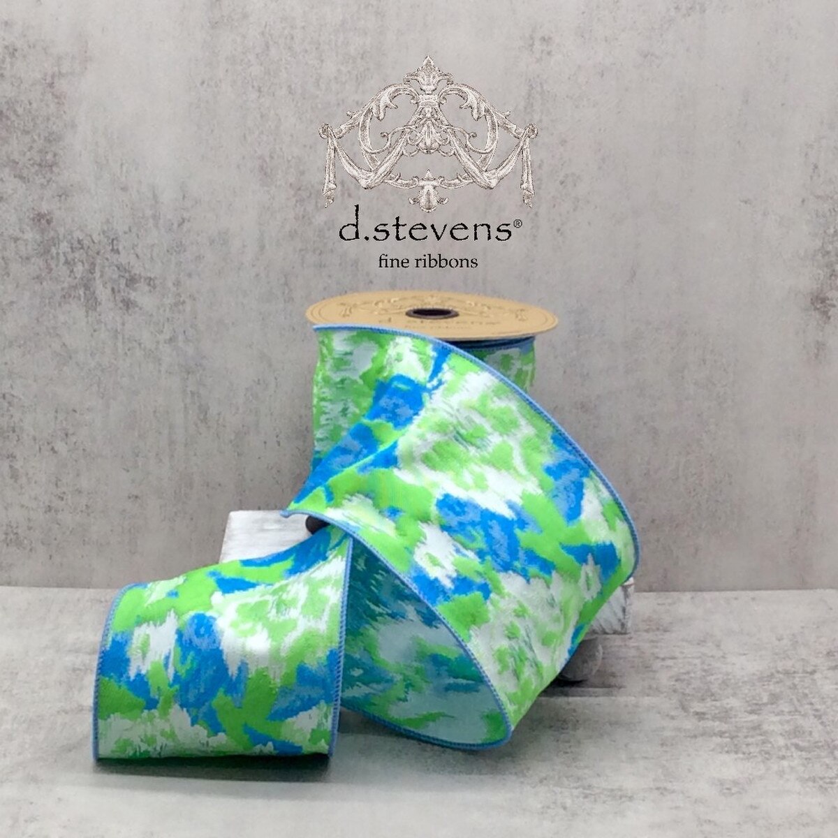 Light Blue Lime Green Jacquard Botanical Ribbon 4" x 10 Yds