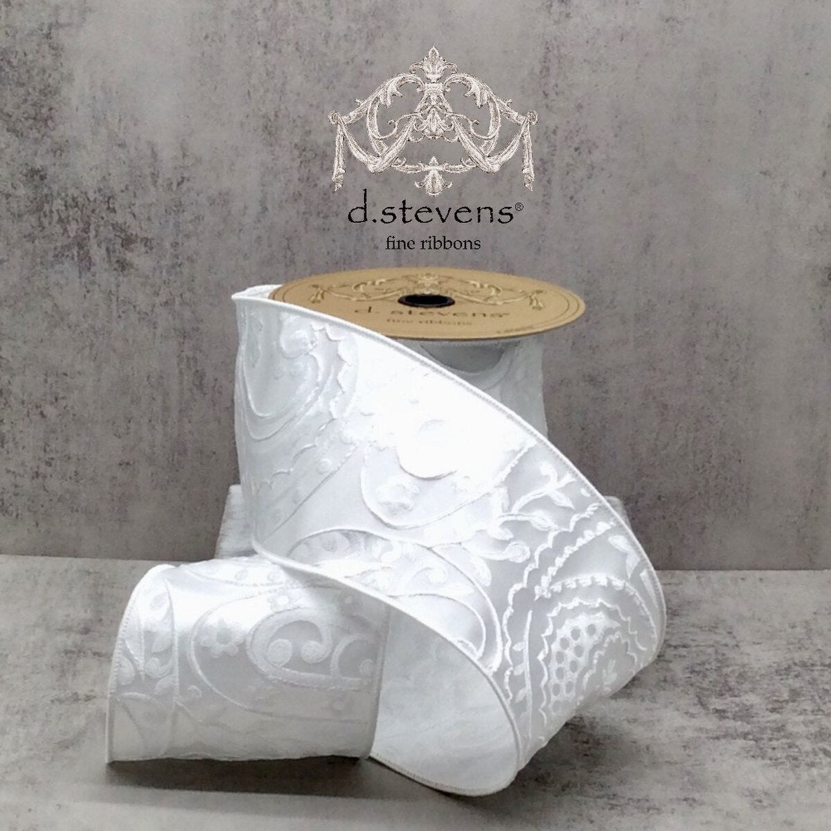 Floral Satin Brocade White Ribbon 4 Inch x 10 Yards