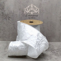 Floral Satin Brocade White Ribbon 4 Inch X 10 Yards