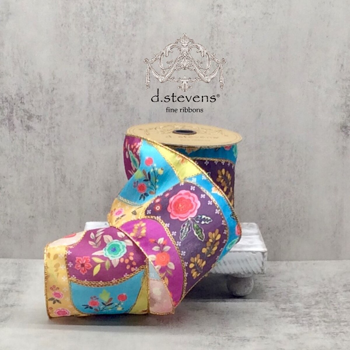 Floral Patchwork Ribbon Gold Accent Olive Pink Teal 4" x 10 Yds